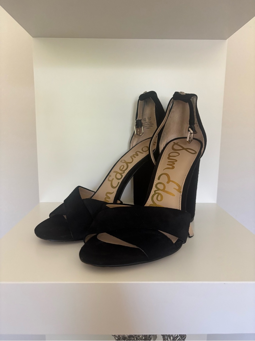 Sam Edelman Yancy Black Suede Cross Open-Toe Ankle Strap Heels